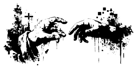 Obraz premium Creation of Adam style hands with digital glitch elements and messy ink textures