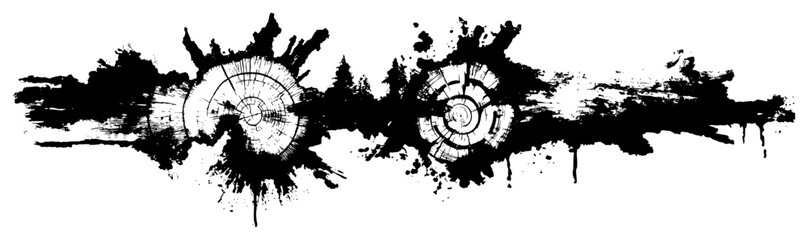 Abstract horizontal banner featuring tree trunk slices and rough ink splatters © Wuszu