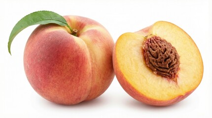 Sweet ripe peach whole with a green leaf and a juicy half revealing its pit isolated on white for healthy eating summer fruit and nutrition concepts