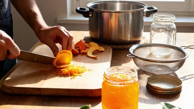 Medium shot of hands chopping citrus peels and zest for natural pectin focusing on zerowaste canning and making vibrant homemade jelly with leftover fruit scraps.