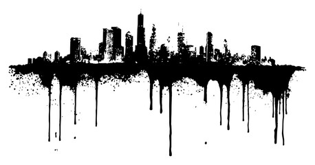 Urban city skyline silhouette with dramatic black ink drips and distressed texture © Wuszu