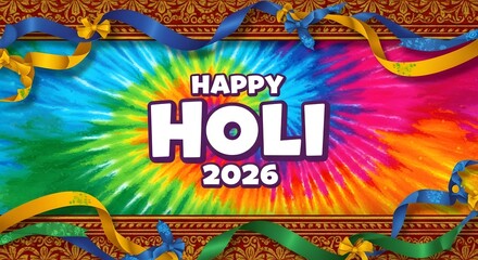 Happy holi 2026 vibrant tiedye background with festive ribbons and text