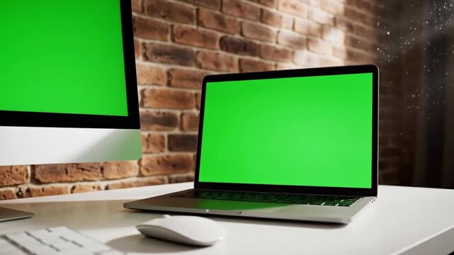 Computer setup with green screens in a bright workspace with natural light during the daytime