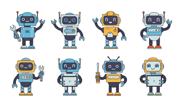 A set of colorful cartoon robots with various tools and accessories