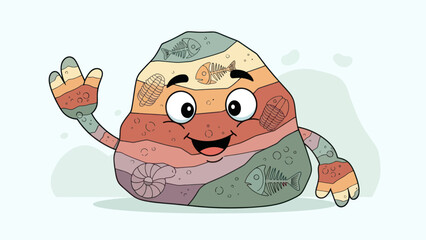 Friendly cartoon rock with fossils and geological layers waves hello. © Dodol Creative Stock