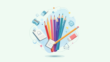Colorful collection of school supplies for creativity and learning. © Dodol Creative Stock