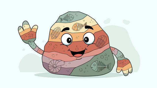 Friendly cartoon rock with fossils and geological layers waves hello.
