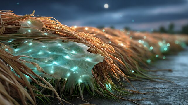 Futuristic bio plastic mulch covering field with integrated fiber optic sensors glowing softly at night