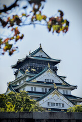 Naklejka premium Osaka Castle in Japan with green trees and blue sky