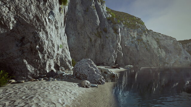 A peaceful shore features smooth sand and clear water, with towering rocky cliffs rising nearby. The sun illuminates the landscape, creating a calm and tranquil atmosphere.