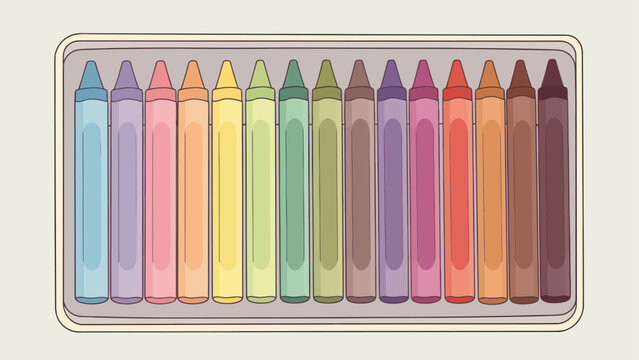 Colorful wax crayons neatly arranged in a box for drawing and coloring activities