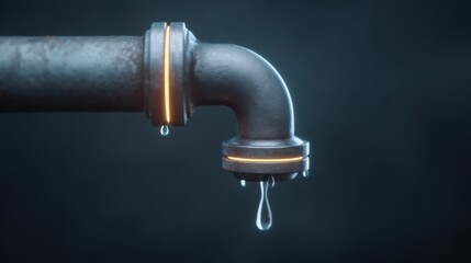 Close-Up Capture of Dripping Water from Industrial Pipe with Topaz Highlights and Dark Background