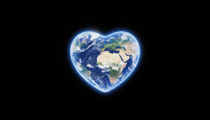 Heart Shaped Planet Earth Glowing in Dark Space . Concept for World Peace and Environmental Love.