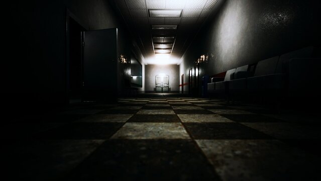 A long, dark hallway stretches ahead, featuring flickering lights and shadows. Empty chairs line the sides, enhancing the unsettling mood of this forgotten space at dusk.