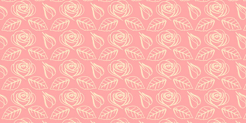 Seamless rose silhouette pattern. Vintage floral background illustration. Hand-drawn rose doodle seamless pattern. Elegant vintage flower repeat design.