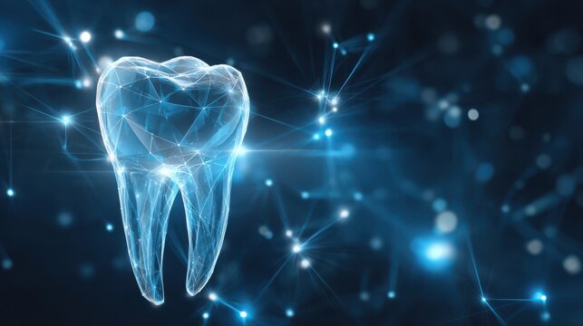 Glowing low-poly 3D tooth wireframe with connected nodes and blue digital bokeh - a futuristic dental technology and oral health concept.