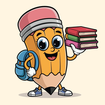 Cute Pencil Mascot with Books &ndash; Back to School Cartoon Illustration