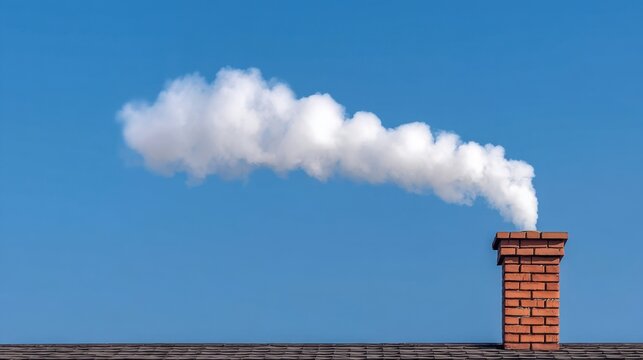 Billowing White Smoke Emerging from a Red Brick Chimney Against a Clear Blue Sky