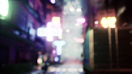 Naklejka premium A bustling city street comes alive at night with glowing neon signs illuminating the foggy atmosphere. The blurred lights create a dreamy and energetic vibe, inviting exploration.