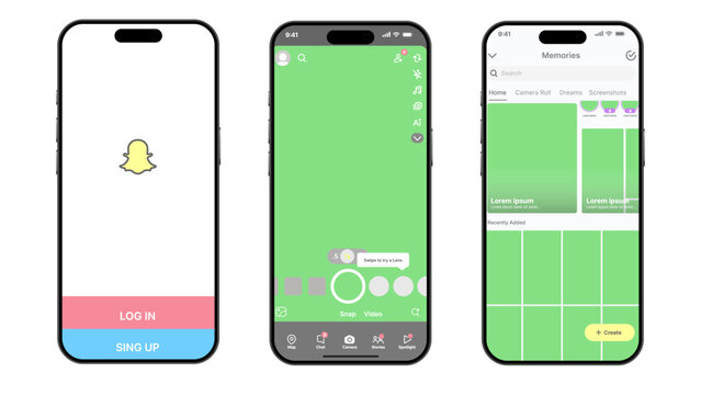 Snapchat UI Mockup &ndash; Login Screen, Camera Interface, and Memories Template with Green Screen Background