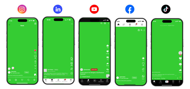 Social Media Video Feed UI Templates with Green Screen &ndash; Instagram Reels, LinkedIn Video, YouTube Shorts, Facebook Watch, TikTok video.
