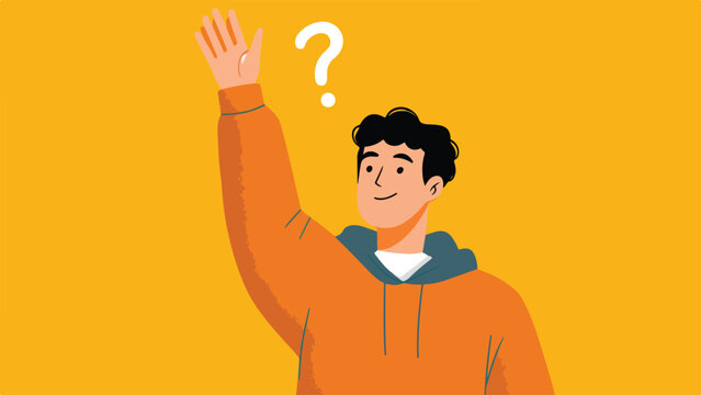 A young person in an orange hoodie raises their hand with a question mark floating above