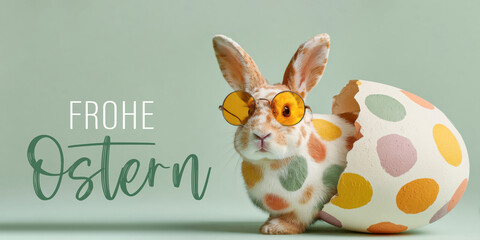 Frohe Ostern Konzept, Ferien Feiertag Grußkarte, Karte mit deutschem Text - Lustiger Osterhase mit Sonnenbrille und bunten Ostereier, isoliert auf grünem Hintergrund