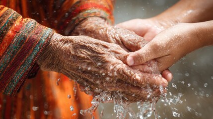 Fototapeta premium Elderly and Young Hands Engaged in Traditional Water Blessing Ritual Showing Cultural Respect Between Generations During a Meaningful Moment