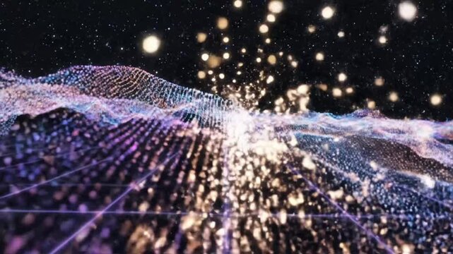 Visual display of colorful patterns on grid plane in vibrant digital environment