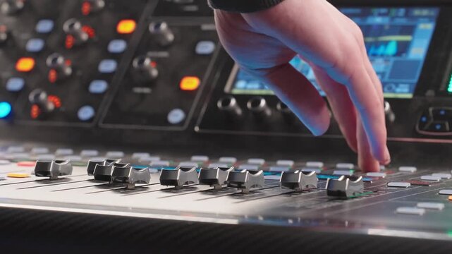 Close up Hands of Sound Engineer Adjusts Faders, Using Mixing Console, Musician Creates Remix. Studio Mixing, Audio Control, Modern Music Production.