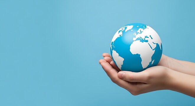 Hands holding blue and white globe against light blue background earth