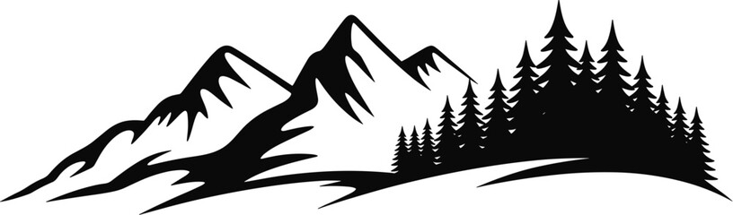Obraz premium Black mountain silhouette and pine forest icons set isolated on white background cad drawing flat vector illustration for nature and wilderness design