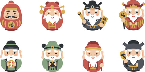 Obraz premium Cute Japanese lucky gods and Daruma characters collection symbolizing fortune, prosperity, and traditional cultural celebration illustrated in modern flat vector style