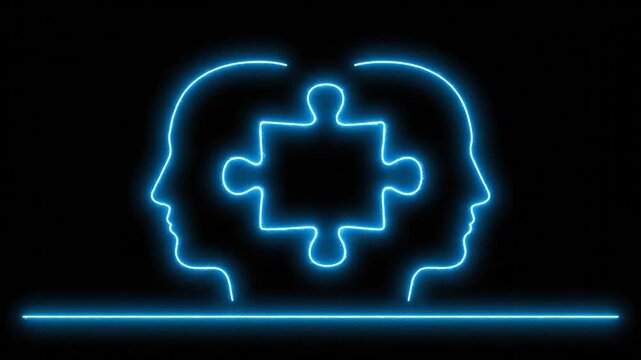 Glowing blue neon outlines of two human heads flanking a jigsaw piece on a black background