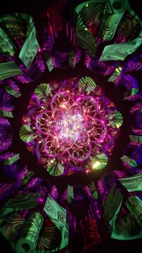 Violet and green mandala with rotating sacred geometry and floral symmetry, hypnotic abstract vertical reel crafted for meditation focus, trance visuals, immersive spiritual scenes and music visualize