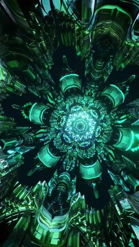 Emerald mandala with organic petal symmetry and smooth rotation, abstract sacred geometry vertical reel designed for healing visuals, meditation scenes and immersive spiritual digital art
