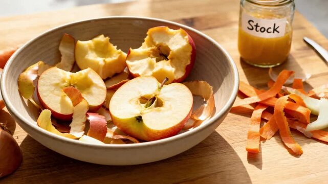 Closeup medium shot of preparing apple cores and peels showcasing sustainable stockmaking from kitchen scraps in an ecofriendly zerowaste cooking process.