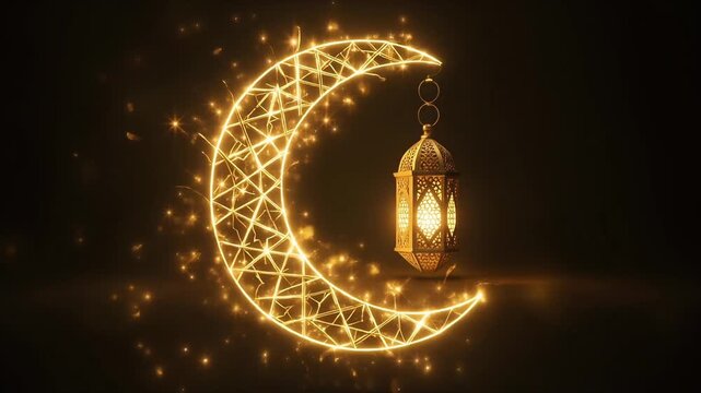 Glowing lantern illuminates darkness as golden vines grow into intricate Islamic geometric patterns forming a crescent moon. Magical cinematic Ramadan animation in 4K.
