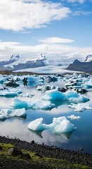 Icebergs drift in glacial lagoon with snowy mountains and blue sky.