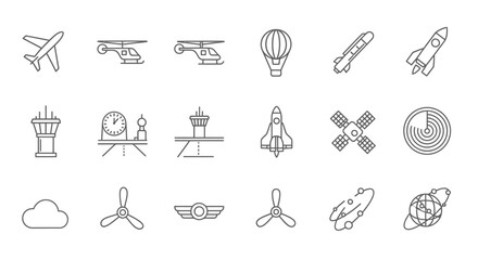 Fototapeta premium Comprehensive Aviation and Space Flight Outline Icons Collection on Isolated White Background