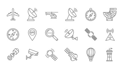 Collection of line art icons for navigation, communication, and surveillance, isolated white background.