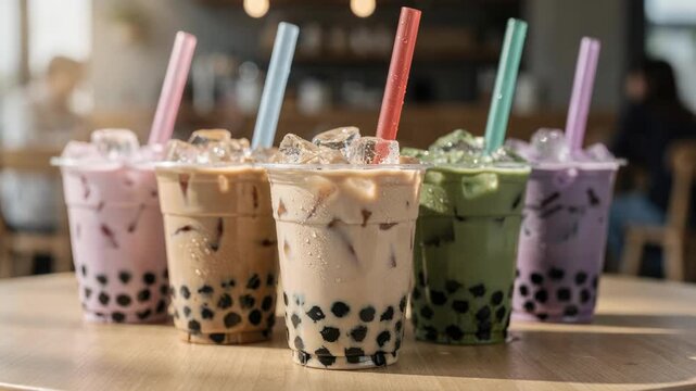 Medium shot of vibrant iced bubble tea cups with tapioca pearls in sharp focus against a blurred caf&eacute; background.