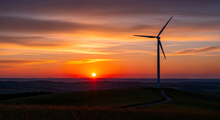 Obraz premium Wind turbine generating renewable energy on a hill at sunset with vibrant sky