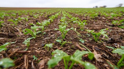 Obraz premium Young crops growing in neat rows across a vast agricultural field with fertile soil and a cloudy sky above