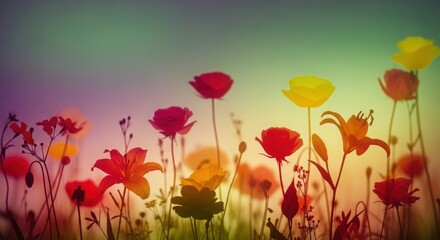 Fototapeta premium Vibrant colorful poppies flowers in a field at sunset with gradient sky