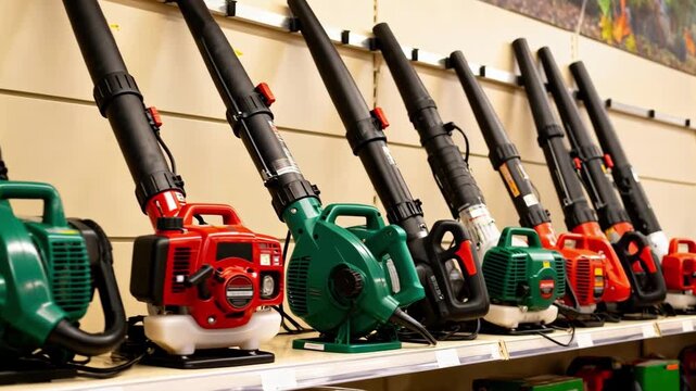 Close medium shot focusing on multiple leaf blowers lined up on a retail rack illustrating diverse models suited for various landscaping needs.
