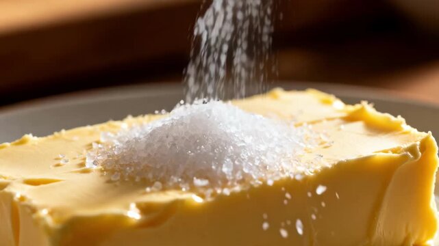 Closeup medium shot of fine salt gently poured into softened butter emphasizing smooth integration and seasoning precision in culinary preparation.