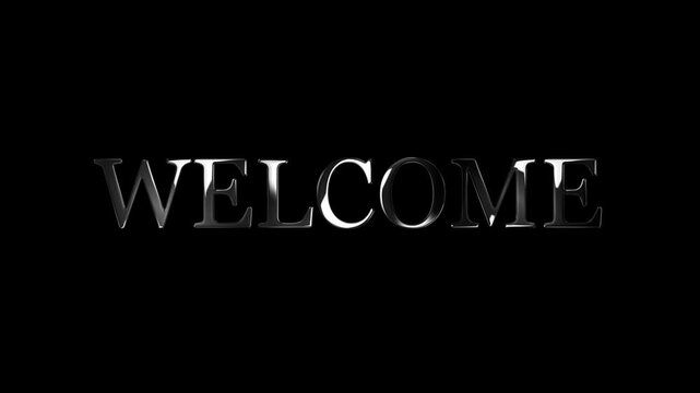 Cinematic welcome title animation with silver glowing text on a transparent background. Ideal presentations, corporate openings, and luxury branding