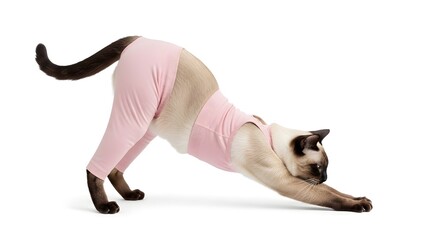 Siamese Cat Stretching in Pink Outfit