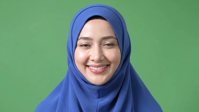 Smiling Asian woman wearing blue hijab against green background.